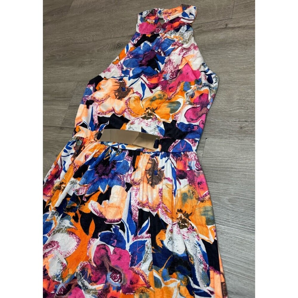 Floral Halter Maxi Dress Gold Waist Detail Tropical Resort Large - Picture 2 of 8
